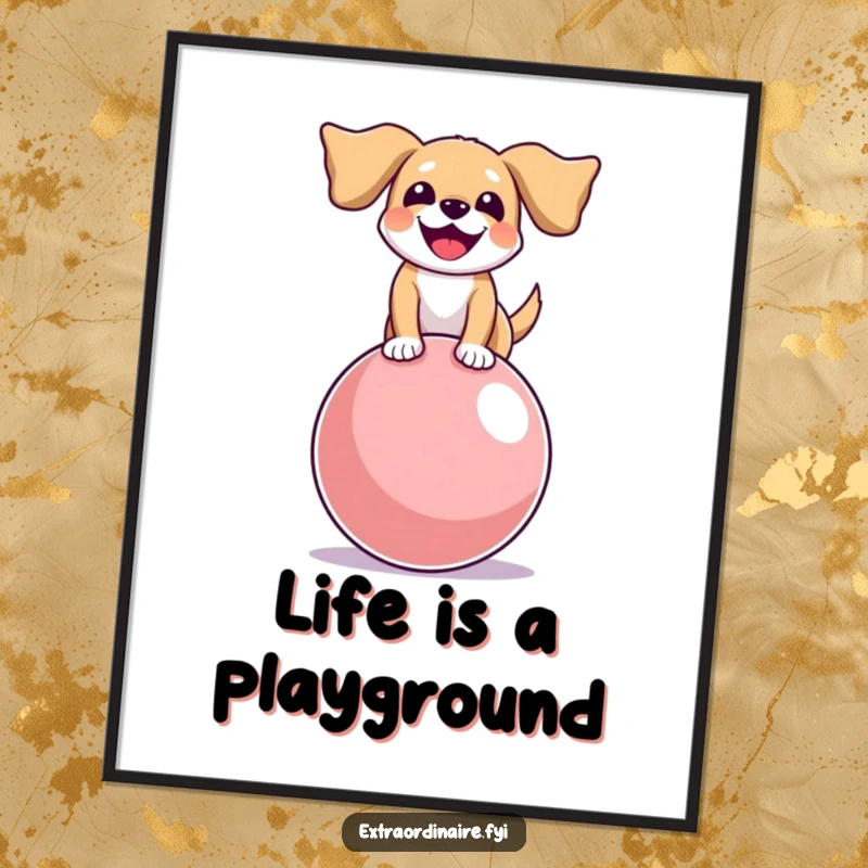 Funny poster art of a joyful dog with floppy ears balancing on a huge bouncy ball, radiating pure delight.