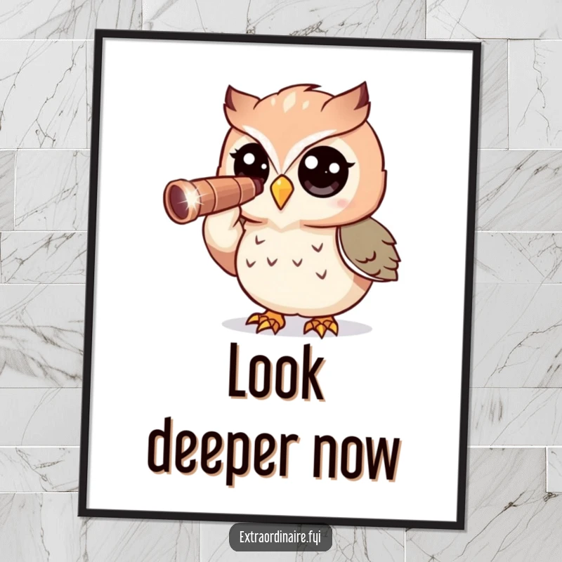 Funny Owl Poster: A curious owl character intently gazes through a sparkly telescope at a starry night sky.