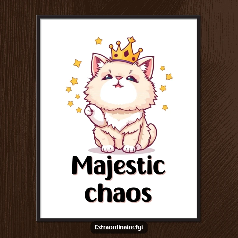 Funny wall art poster of a fluffy cat in a crown juggling stars, adding magic and humor.
