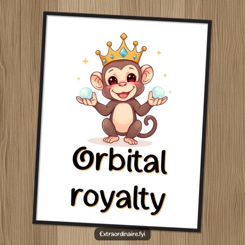 Funny poster of a mischievous crowned monkey juggling sparkling orbs, adding a whimsical and regal touch to decor.