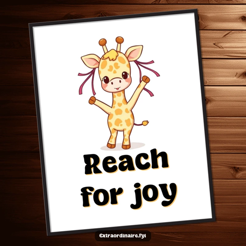 Funny giraffe poster, a joyful giraffe character dancing gracefully with ribbons in its mane, uplifting wall art for happy spaces.