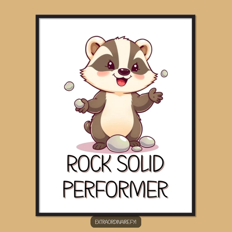 Funny Badger Pebble Juggle Poster: Delighted Acrobat Art for Your Walls!