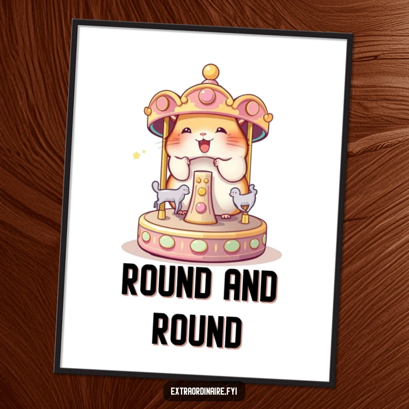 Funny Hamster Carousel Poster: A delighted hamster spins a miniature magical carousel, creating a scene of funny enchantment.
