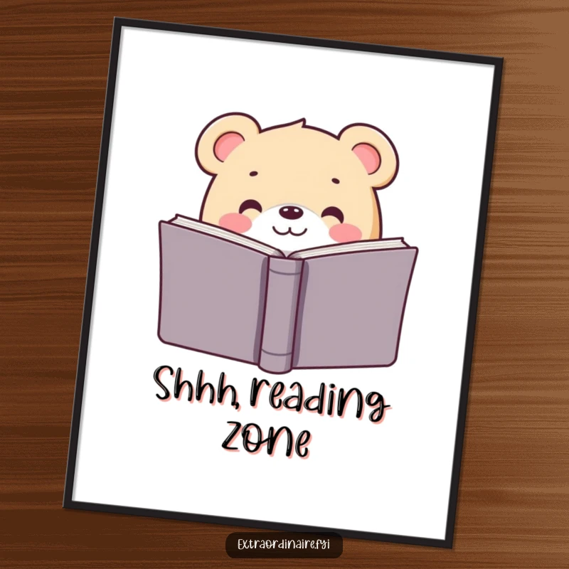 Funny poster art of a bear peeking from a book, adding a humorous and literary touch to any wall space.