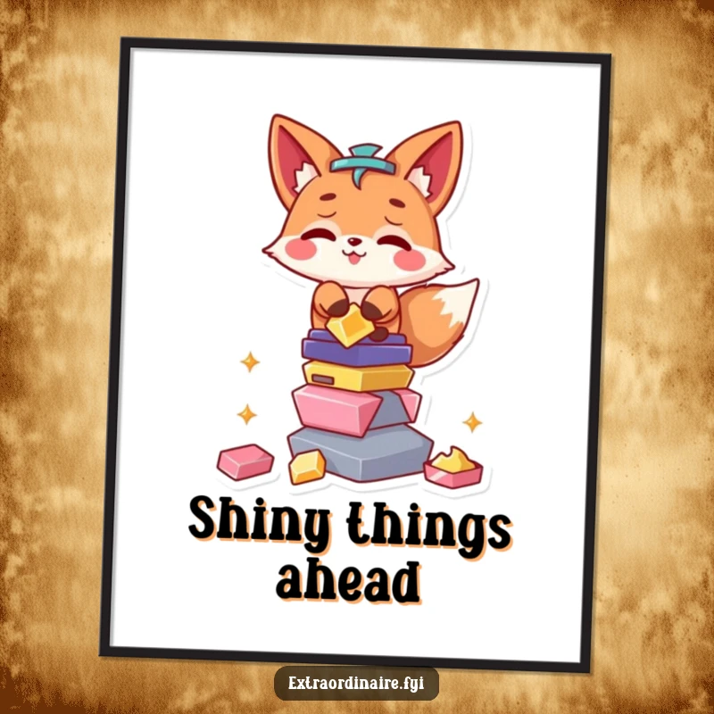 Funny Fox Poster: A mischievous fox character cunningly balances a tall, glittering stack of shiny coins, jewelry, and silverware.