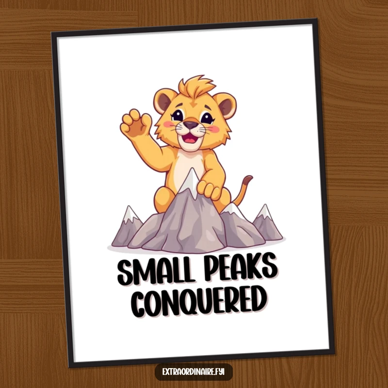 Funny lion cub victory poster, a triumphant cub raising paws after conquering tiny mountains.