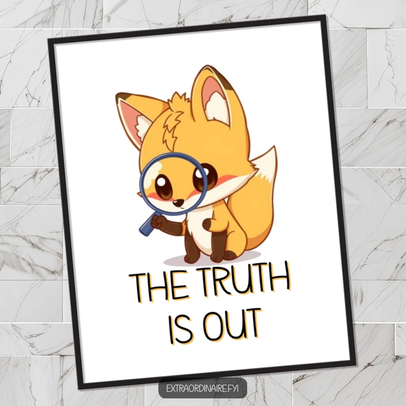 Funny fox poster, curious fox examining with a magnifying glass, high-quality wall art, adding humor and character, perfect funny gift.