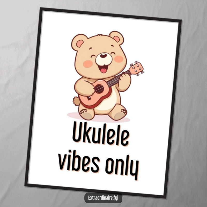 Funny Bear Poster: A cheerful bear character happily plays a small ukulele, radiating warmth and positive energy.