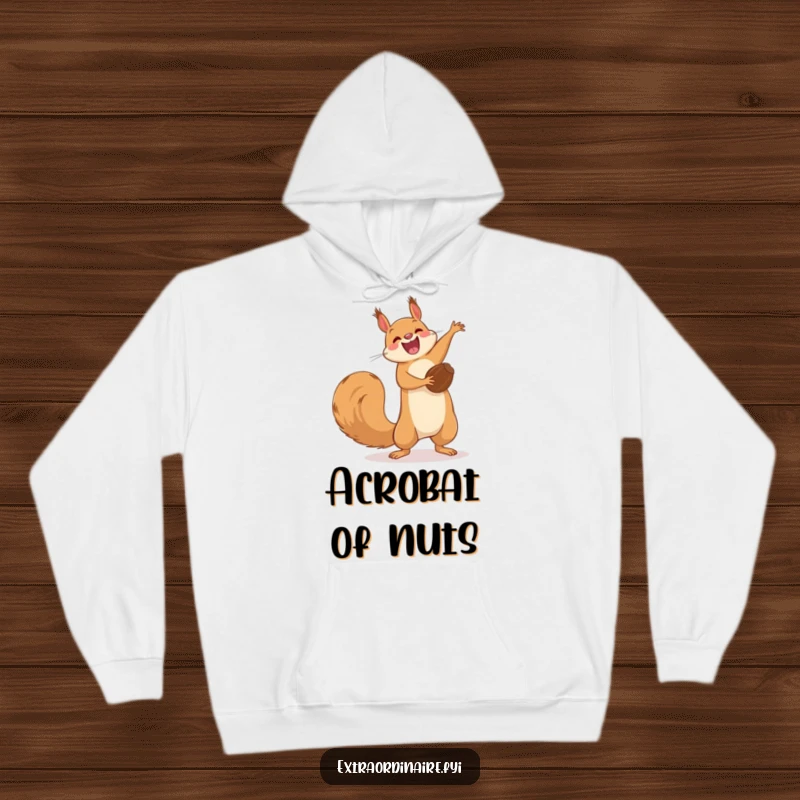 Funny Squirrel Flip Hoodie: A joyful squirrel performing a hilarious acrobatic flip mid-nut, offering funny warmth.