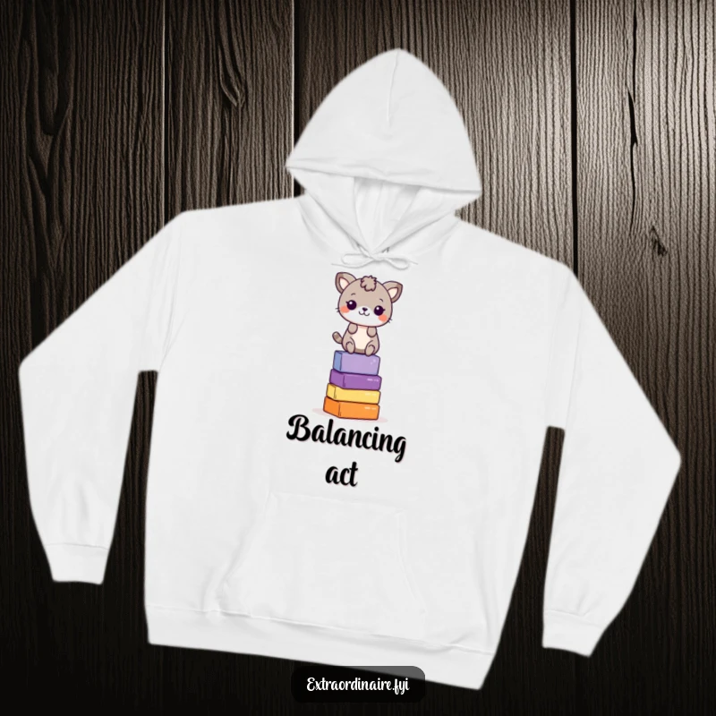 Funny Hoodie: A charming animal character balances confidently on a stack of colorful blocks, radiating playful vibes.