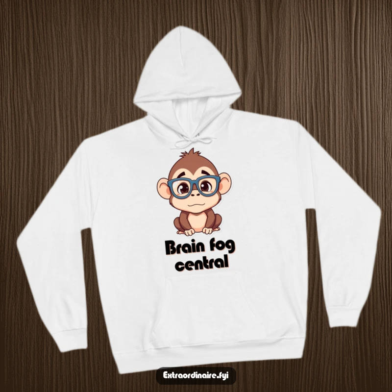 Funny monkey hoodie, a silly primate wearing oversized glasses with a confused look, comfortable and humorous casual wear.