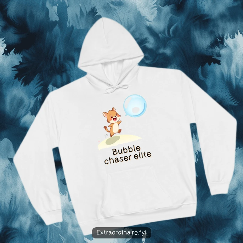 Funny hoodie illustration of a happy animal character leaping with excitement after a mesmerizing, floating bubble in a whimsical setting.