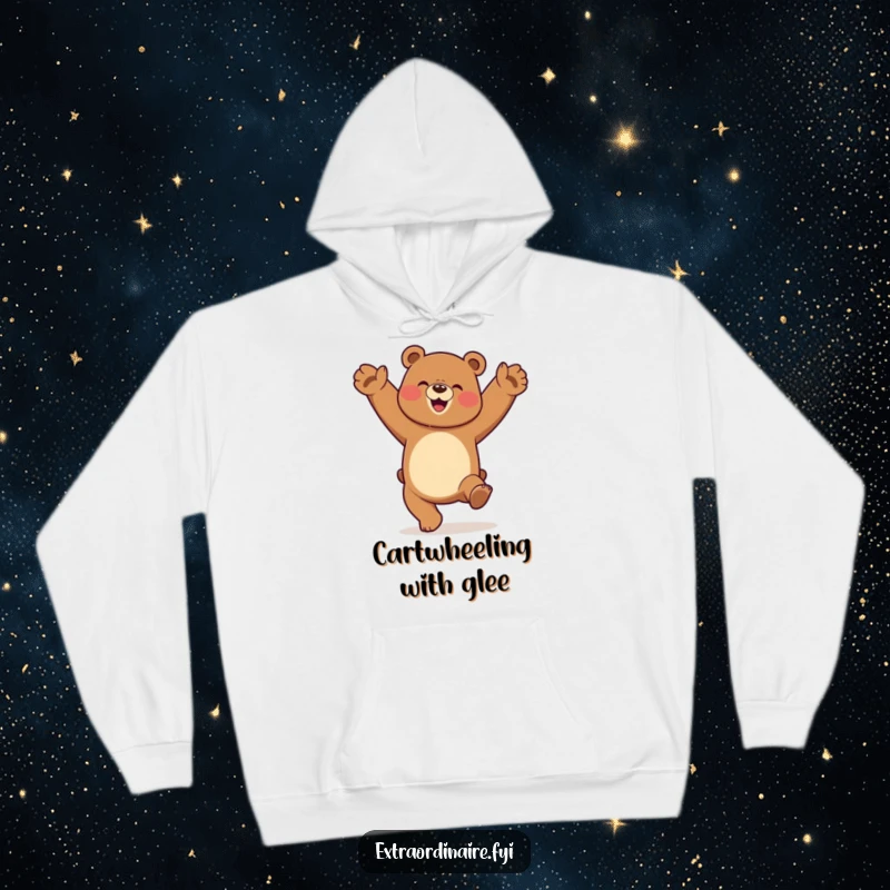 Cozy and warm hoodie featuring a funny dancing bear in mid-cartwheel, radiating absolute joy and energy.