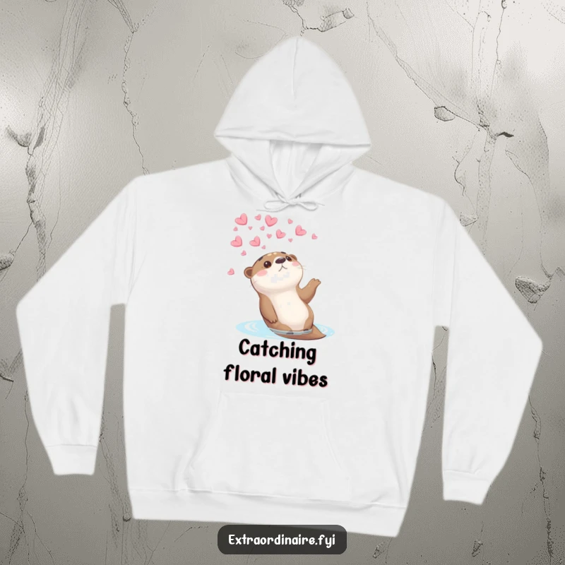 Funny otter hoodie depicting an otter floating and looking up at falling petals, evoking a peaceful and humorous atmosphere.