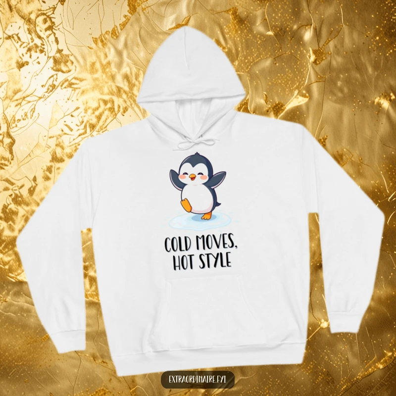 Funny penguin hoodie depicting a cheerful penguin doing a fun dance on shimmering ice, a delightful visual gag.