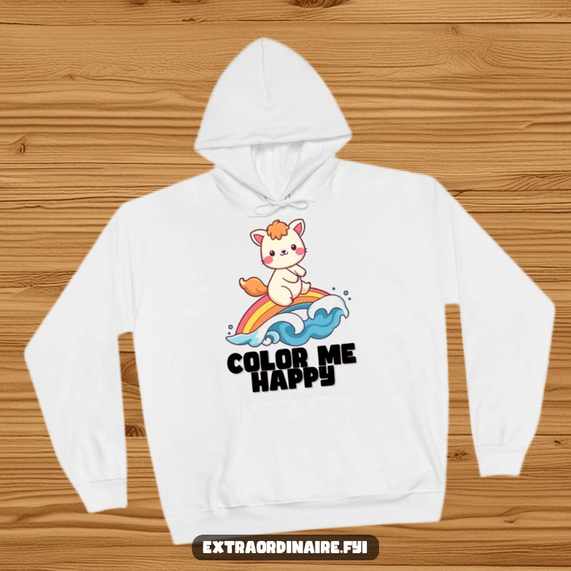 Funny hoodie art: a cheerful animal character joyfully cruising on a vibrant rainbow, waving warmly in a whimsical, cloud-filled sky.