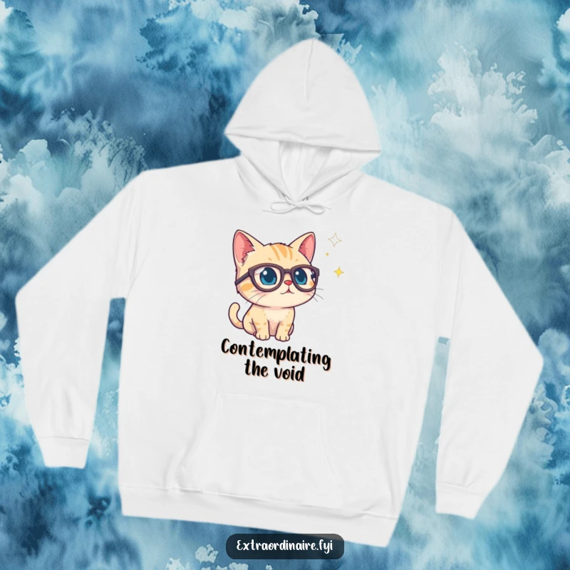 Funny hoodie featuring a curious cat wearing spectacles, peering into a starry void, offering warmth and intellectual charm.