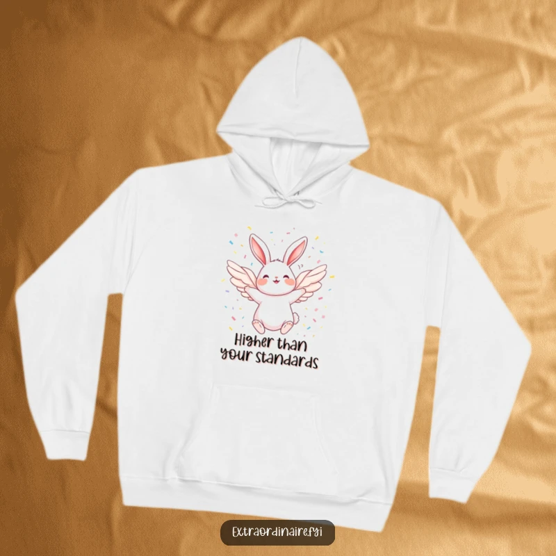 Funny Angel Rabbit Hoodie: A cozy hoodie depicting a joyful rabbit with wings soaring through a shower of colorful confetti, radiating happiness.