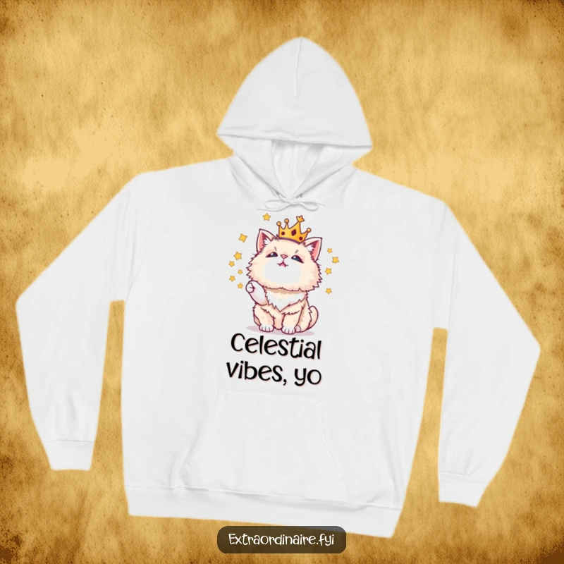 Funny, cozy hoodie featuring a fluffy cat in a crown juggling stars, perfect for a regal look.