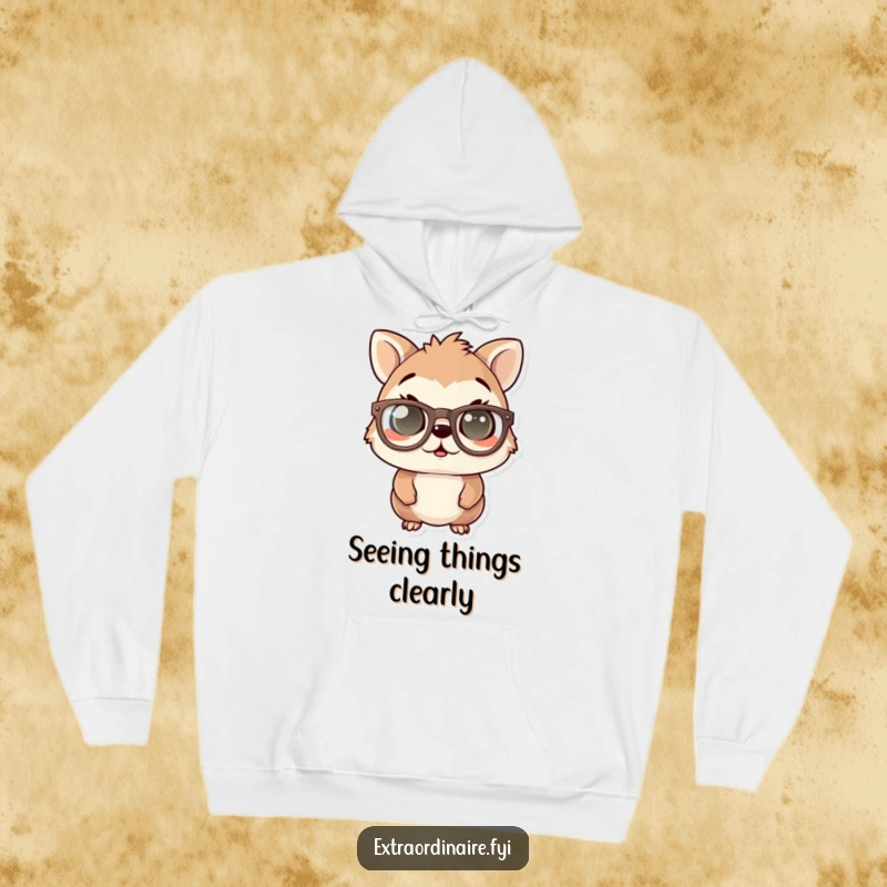 Funny hoodie art: an animal character sporting oversized eyeglasses, eyes wide open in a charmingly startled and amusing pose.