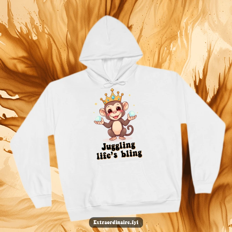 Funny hoodie featuring a mischievous crowned monkey juggling orbs, offering cozy warmth and a dash of playful royalty.