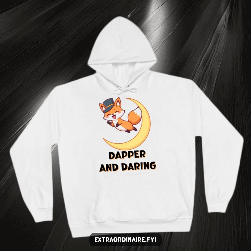 Funny Fox Top Hat Hoodie: A cuddly hoodie with a funny graphic of an excited fox in a top hat leaping over a serene crescent moon.