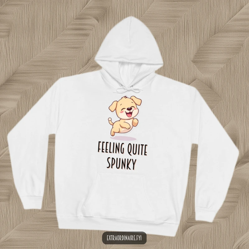 Funny puppy giggling hoodie, a playful dog chasing its tail in a circle, soft and warm.