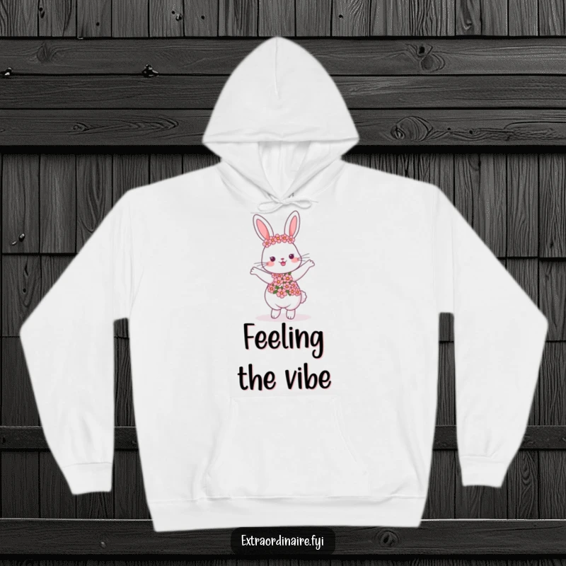 Funny dancing rabbit hoodie, adorned with a flower garland, cozy and warm, perfect for spreading joy and a funny gift.