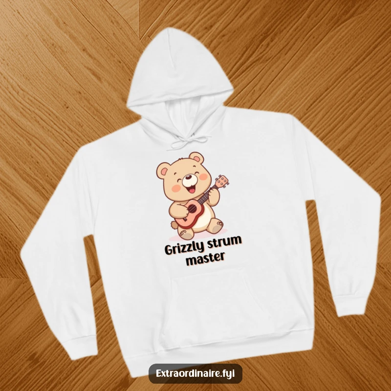 Funny Bear Hoodie: A cheerful bear character is depicted strumming a miniature ukulele, looking content and happy.