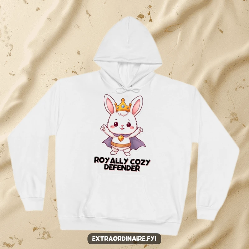 Funny bunny hero hoodie featuring a regal rabbit in a crown and cape, ready for action and comfort.