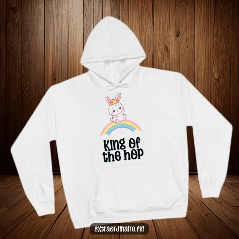 Funny hoodie with a fluffy bunny queen in a crown, spectacularly leaping over a shimmering rainbow, offering warmth and humor.