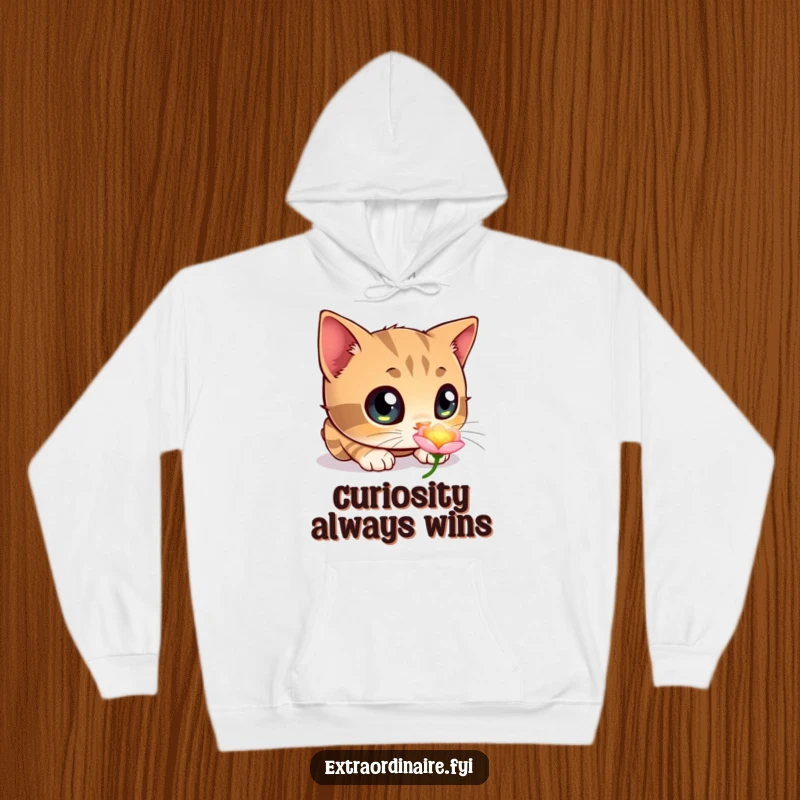 Funny hoodie depicting a curious cat with oversized eyes, captivated by a softly glowing flower, providing warmth and whimsical charm.