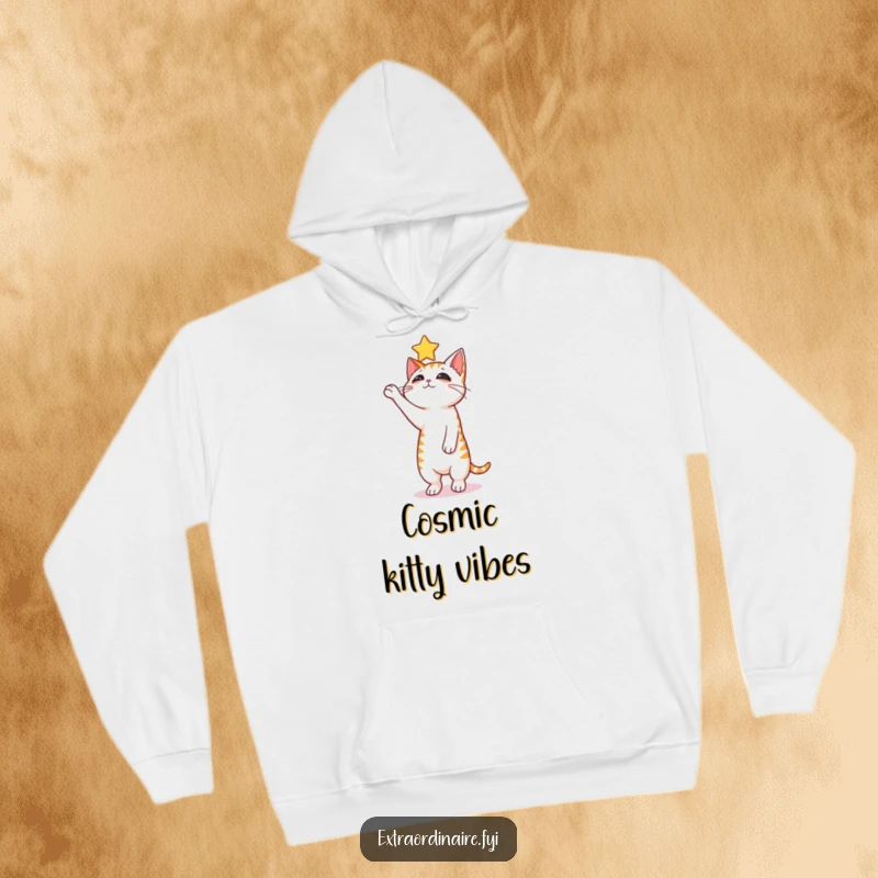 Funny curious cat hoodie, a cat balancing on its hind legs reaching for a glowing star.