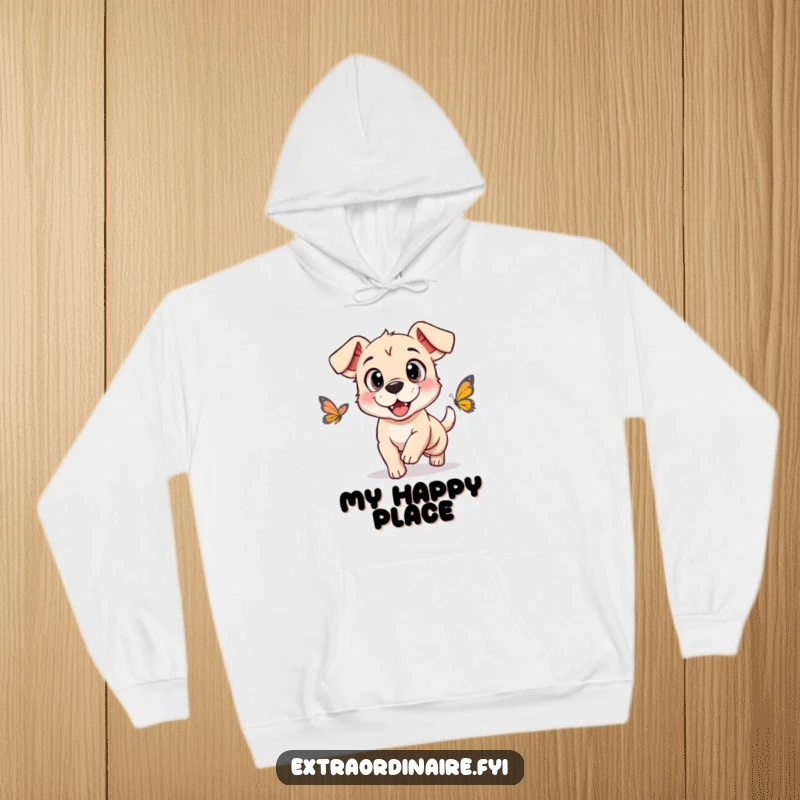 Funny hoodie showing a dog with large, joyful eyes in a comical chase after a fluttering butterfly, radiating happiness.