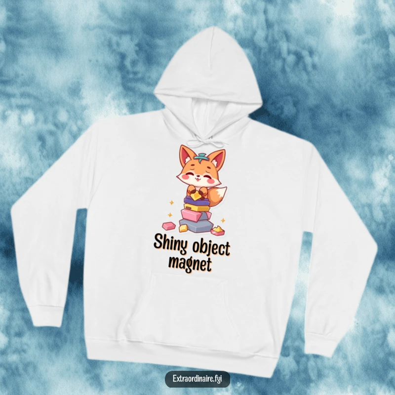 Funny Fox Hoodie: A mischievous fox character clutches a teetering tower of shiny coins, gems, and silverware, looking quite pleased.