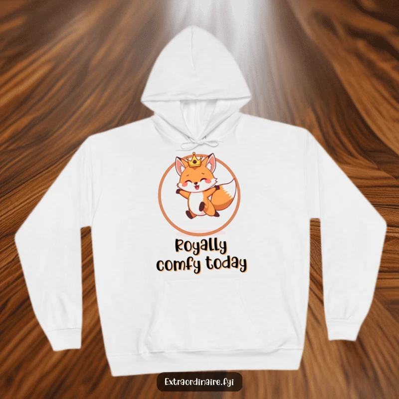 Funny hoodie showcasing a cheerful fox wearing a crown, leaping through a hoop with a regal and joyful expression.