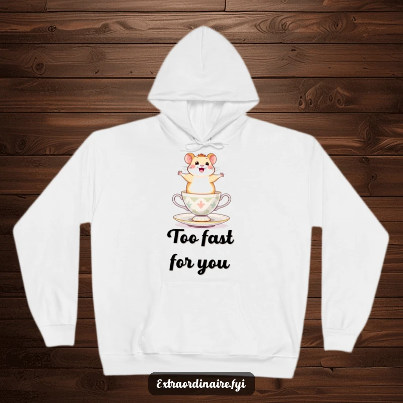 Funny Hamster Hoodie: A happy hamster looking exhilarated while balancing on a spinning teacup, perfect for cozy adventures.