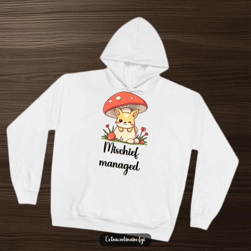 Funny mischievous animal character hiding behind a giant mushroom, peeking out cozily in a hooded sweatshirt.