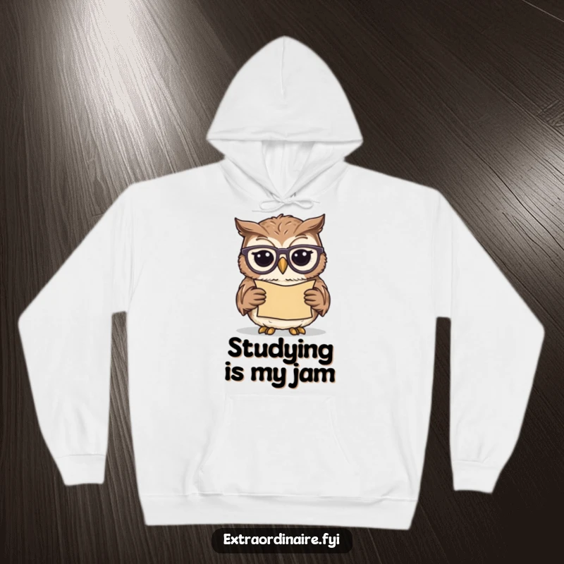 Funny owl scholar hoodie, a content bird wearing spectacles, peacefully reading a scroll, emitting an aura of calm wisdom.