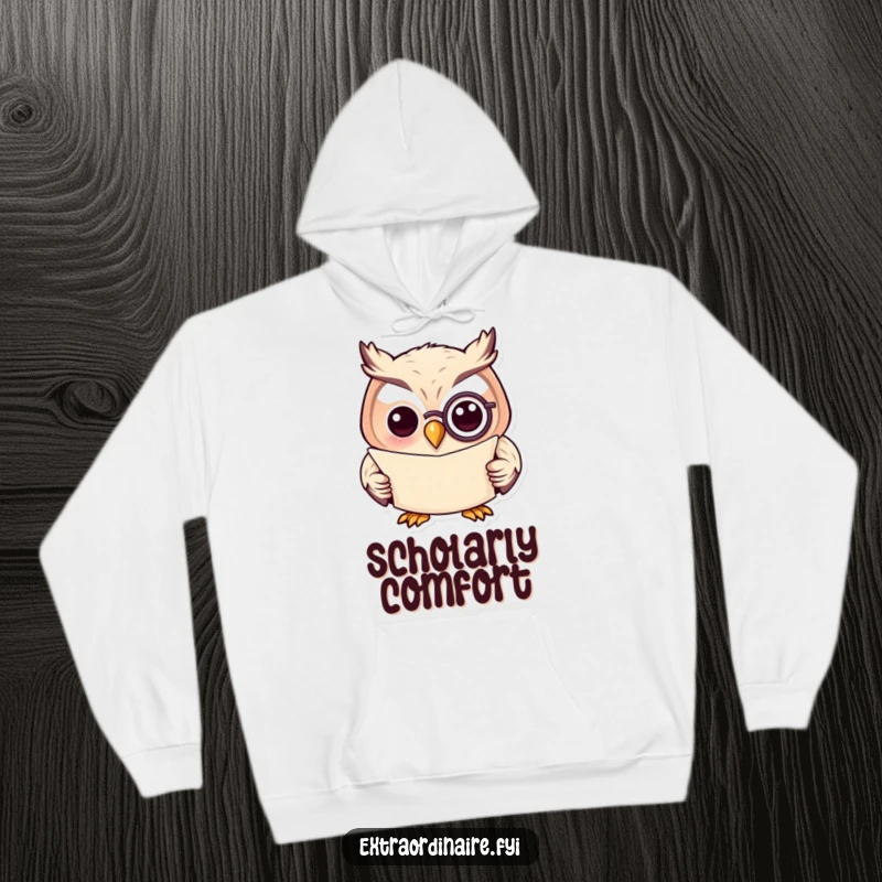 Funny hoodie featuring a wise owl with a monocle reading a scroll, perfect for cozy, intellectual moments.
