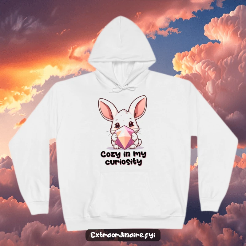 Funny hoodie showcasing a curious rabbit with oversized ears peeking mischievously from behind a sparkling gem.