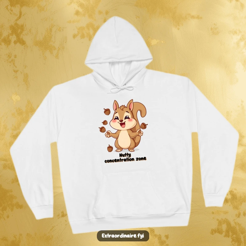 Funny squirrel juggling hoodie, a cheerful squirrel intensely juggling acorns with a wide grin.