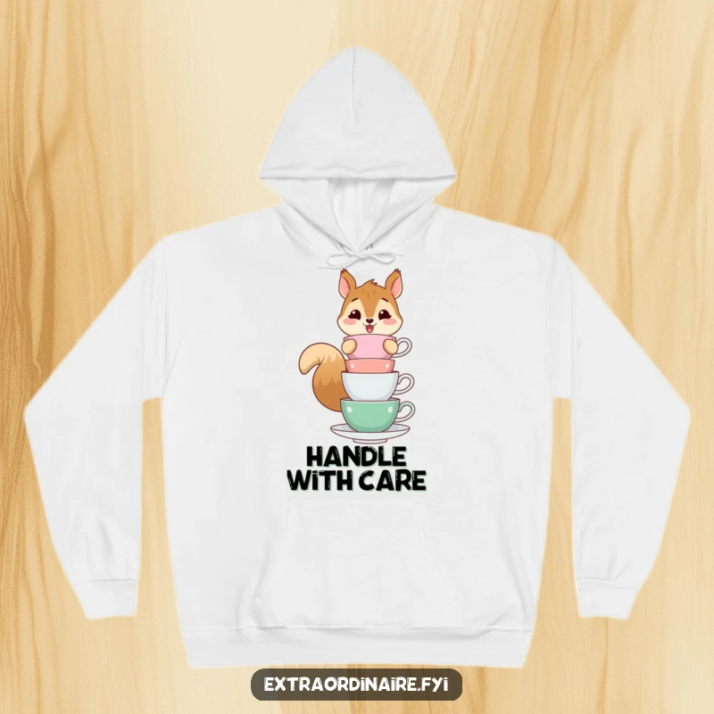 Funny hoodie illustration of a cheerful squirrel character balancing a tall stack of teacups, capturing a moment of funny, delicate equilibrium.
