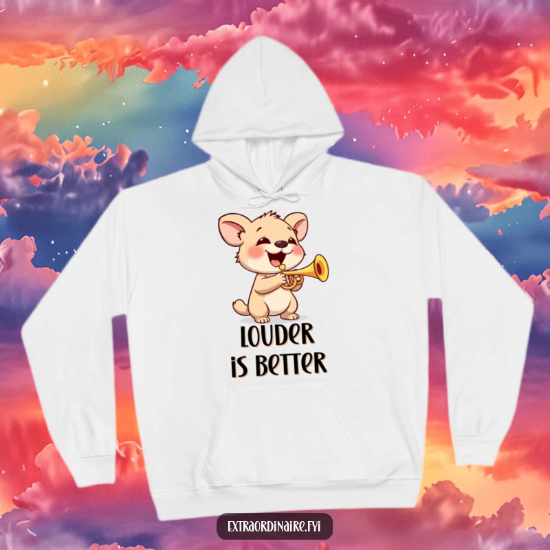 Funny Hoodie: A smiling animal character happily plays a tiny trumpet, exuding musical joy and warmth.