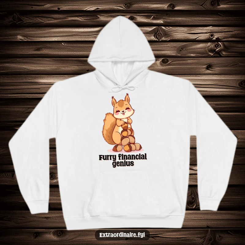 Funny hoodie showing a giggling squirrel balancing a stack of acorns, perfect for cozy days and celebrating collection.