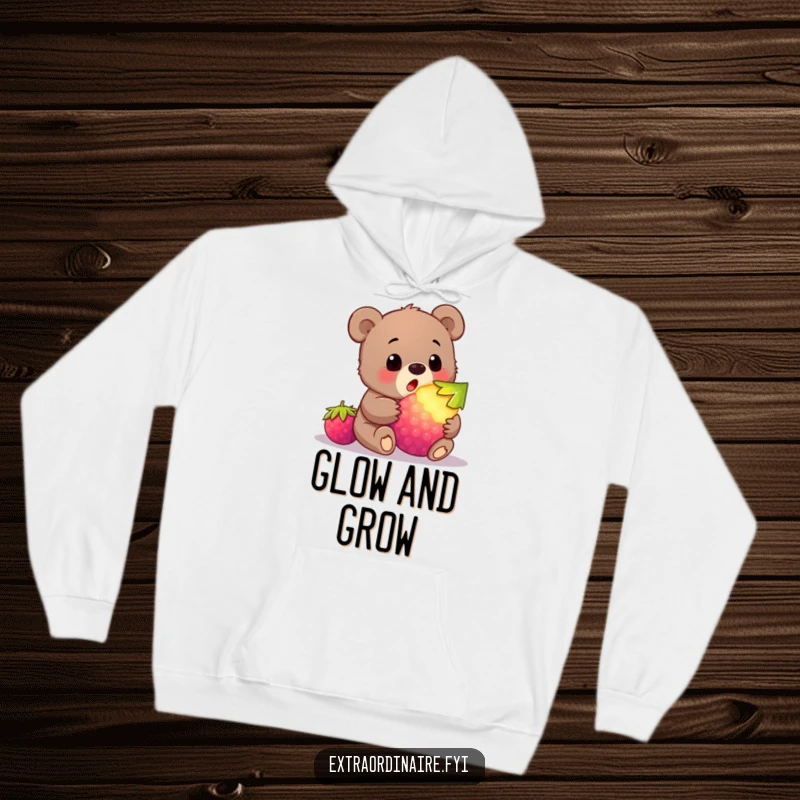 Funny bear cub hoodie with a cub looking shocked at a massive, glowing berry, embodying a humorous and heartwarming scene.