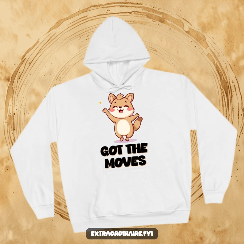 Funny Hoodie: A jubilant animal character is depicted doing a silly, high-energy dance, full of life and fun.
