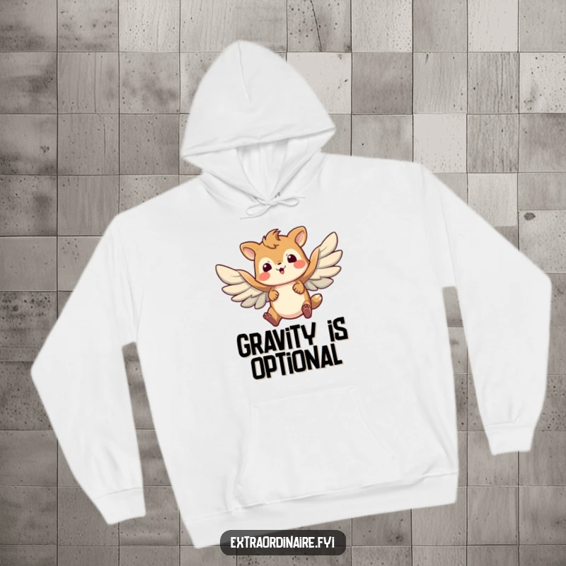 Funny hoodie art: a brave animal character with comically large, flapping wings, attempting to soar with valiant effort and determination.