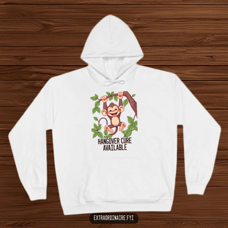 Funny Monkey Hoodie depicting a mischievous monkey swinging from a vine with a big grin, offering warmth and humor, great gift idea.