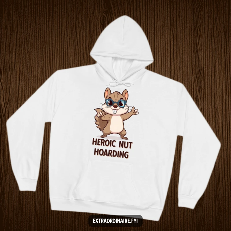 Funny squirrel hoodie depicting a small, energetic rodent in a strong, heroic superhero stance, radiating mischief and bravery.
